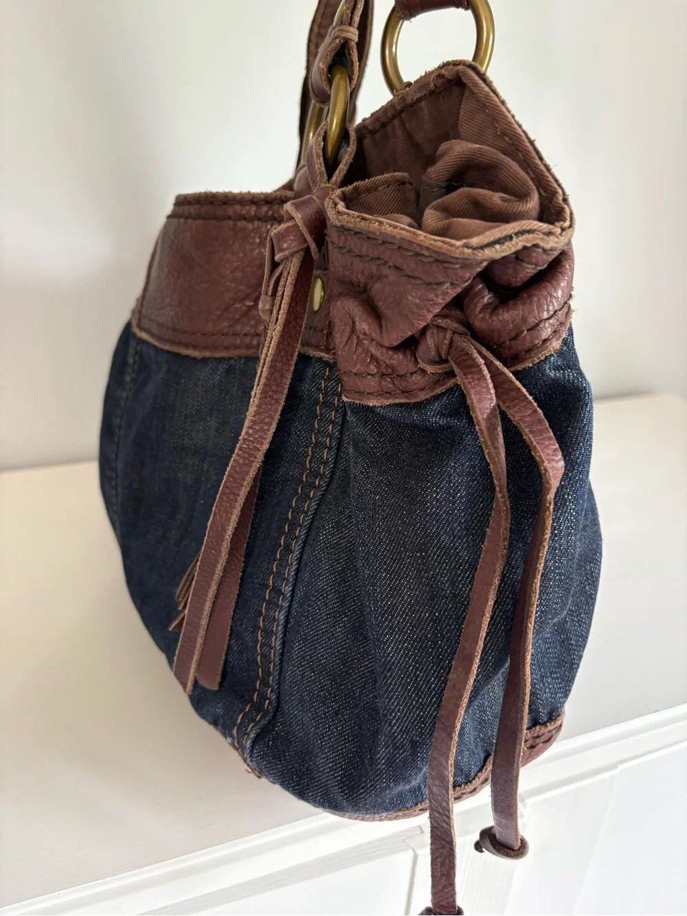Lucky Brand Vintage Y2K Denim Leather Slouchy Hobo Shoulder Bag Tote Carnaby St